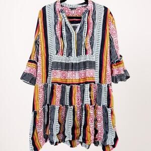 AP NY Printed V-Neck 3/4 Sleeve Pin-Tuck Dress Hippie Boho prairie L 100% Cotton